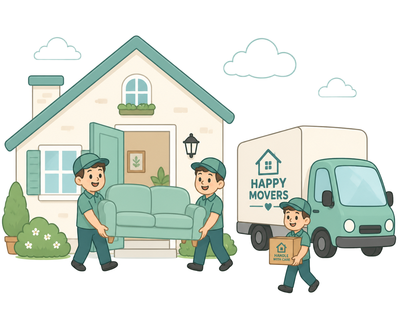 Cartoon illustration of a friendly two-person crew loading furniture and boxes into a junk removal truck